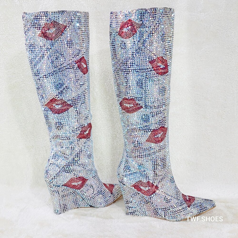 Cape Robbin Crystal Embellished Knee-High Boots with Red Lip Motif